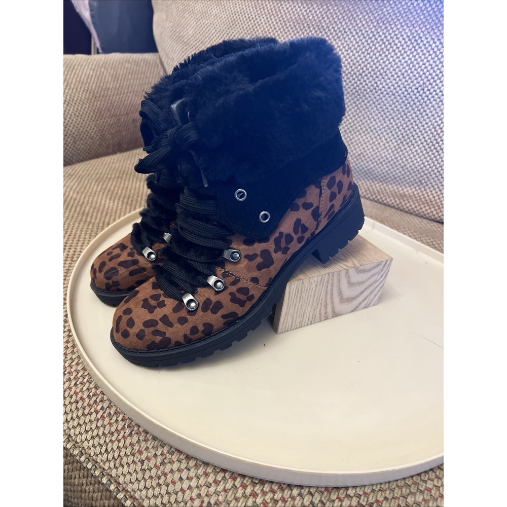 Pop KRAFT Leopard Women's Faux Fur Cute Soft Comfort Hiker Boots Block Heel 7.5